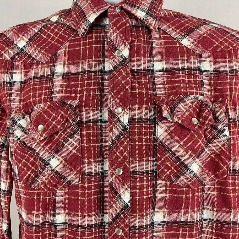 WRANGLER WRANCHER WESTERN FLANNEL SHIRT Pearl Snaps Plaid Cowboy Rodeo Medium
